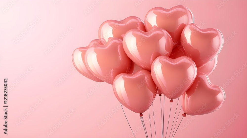 a bunch of pink heart-shaped balloons floating against a pink background. They appear shiny and cheerful. a bunch of pink heart-shaped balloons floating against a pink background. They appear shiny and cheerful.
