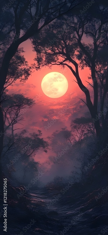 Fototapeta premium A large, full moon rises behind silhouetted trees at dusk, creating a mystical, atmospheric scene