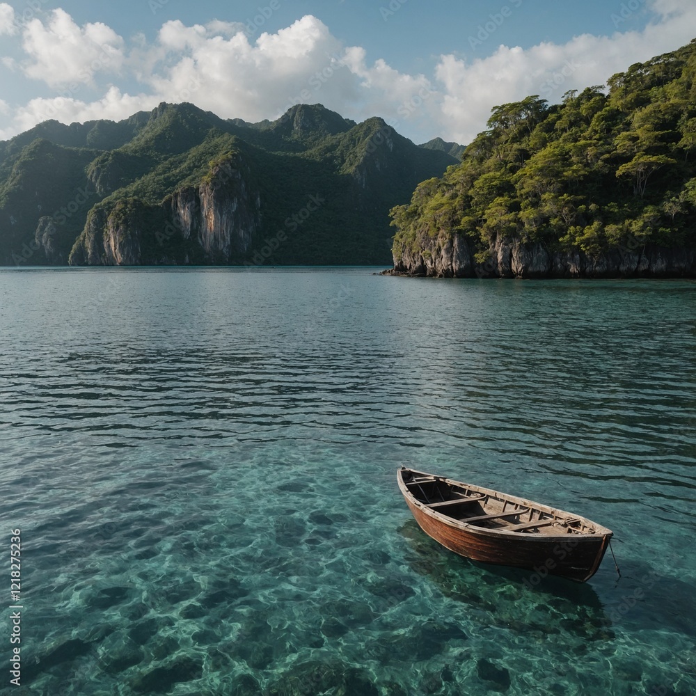 Fototapeta premium A secluded island with a small boat anchored near the shore, waiting for a peaceful journey on the water.
