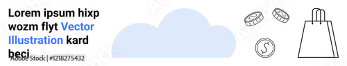 Cloud icon, shopping bag, and coins representing online shopping, cloud storage, e-commerce, financial savings, modern technology, internet services and digital transactions. Ideal for e-commerce
