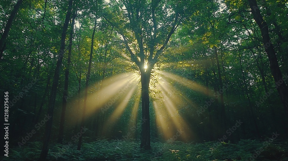 Obraz premium Sun rays bursting through forest canopy, illuminating a central tree.