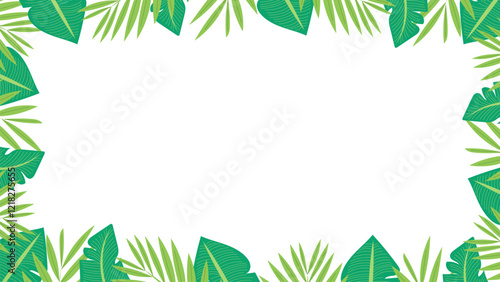 Background of tropical plants with banana leaves and palm leaves around the sides. Place for text. Vector illustration