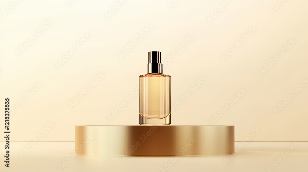 Elegant Perfume Bottle on a Golden Podium with Soft Beige Background, Perfect for Beauty, Fashion or Commercial Projects Elegant Perfume Bottle on a Golden Podium with Soft Beige Background, Perfect for Beauty, Fashion or Commercial Projects