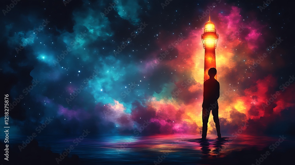 A Solitary Figure Gazes at a Luminous Lighthouse Under a Starry Sky A Solitary Figure Gazes at a Luminous Lighthouse Under a Starry Sky