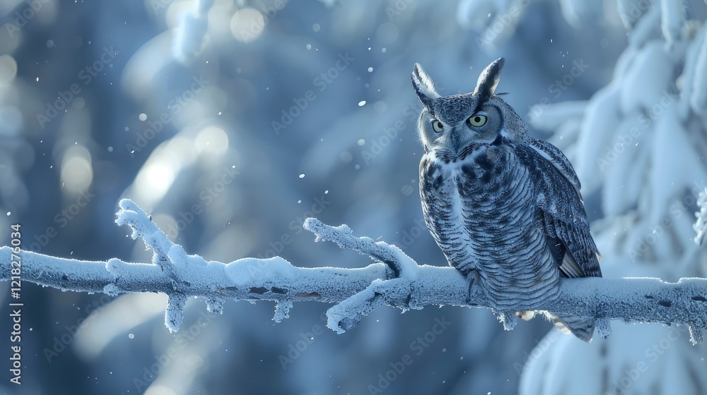 Majestic owl perched on a snow-covered branch amidst a serene winter landscape, softly falling snowflakes Majestic owl perched on a snow-covered branch amidst a serene winter landscape, softly falling snowflakes
