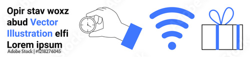 Hand grasping a compass, nearby wireless signal icon, gift box wrapped with a bow, and random text. Ideal for concepts of navigation, connectivity, gifts, guidance, communication internet