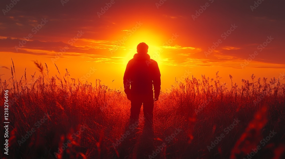 Fototapeta premium Silhouetted man standing in tall grass at sunset.