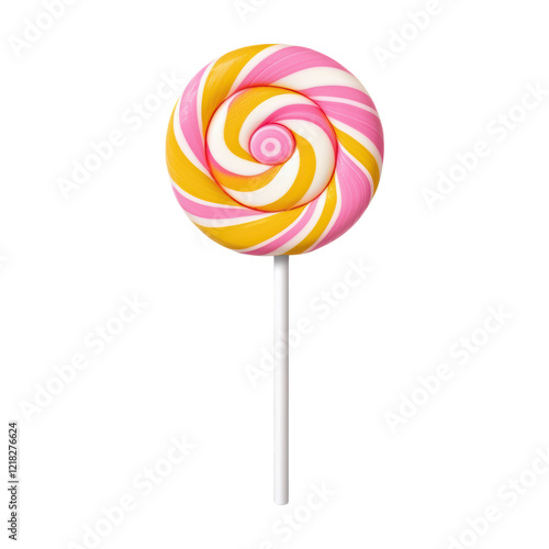 Wallpaper Mural Colorful swirled lollipop with pink, yellow, and white stripes on stick, evoking cheerful and sweet vibe Torontodigital.ca