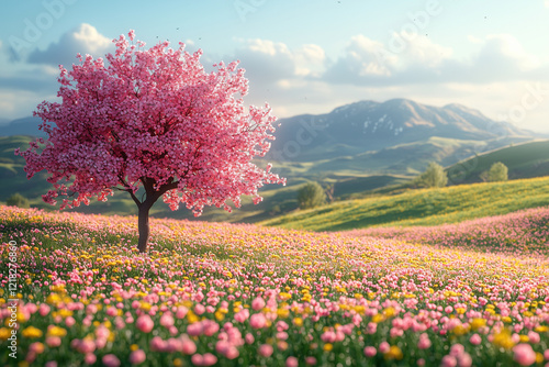 A picturesque spring destination with vibrant flowers, lush countryside, and charming village streets. The scene captures the peaceful yet lively atmosphere of a spring getaway, perfect for travelers  photo