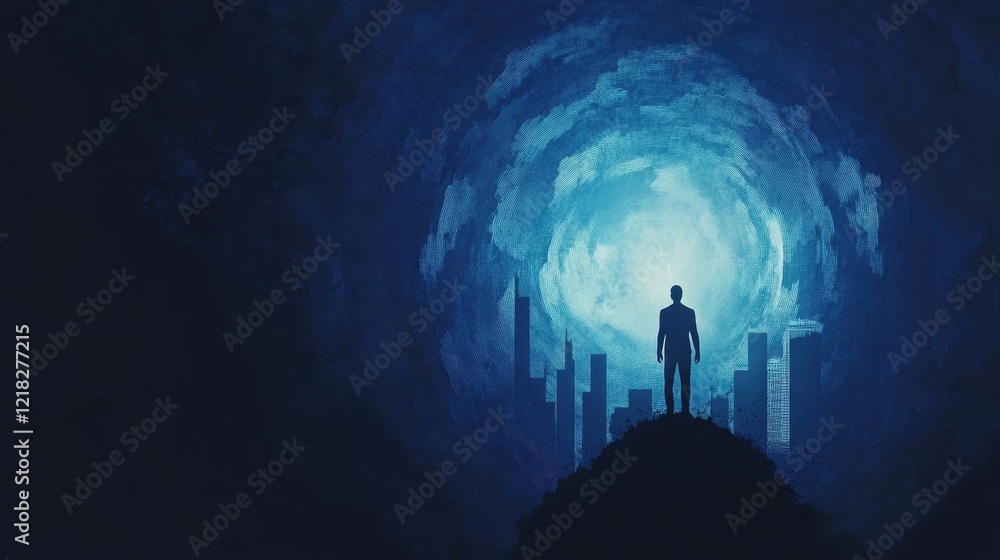 Fototapeta premium Man Silhouette Observing Futuristic Cityscape Through Digital Portal