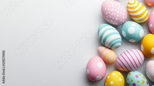 A collection of pastel-colored Easter eggs with various patterns arranged in the corner, leaving space for text or design