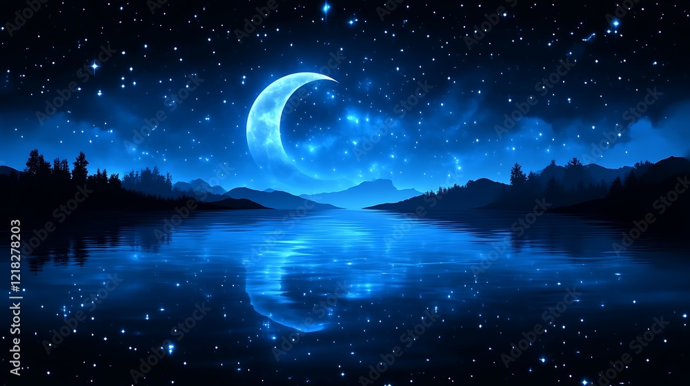 Naklejka premium Crescent Moon Over Serene Night Lake Landscape