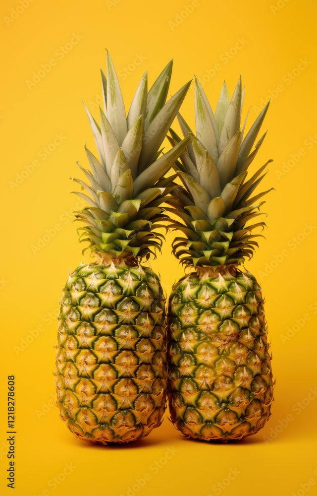 Fresh pineapples on bright yellow background, showcasing their vibrant colors and textures, evoke sense of tropical freshness and vitality Fresh pineapples on bright yellow background, showcasing their vibrant colors and textures, evoke sense of tropical freshness and vitality