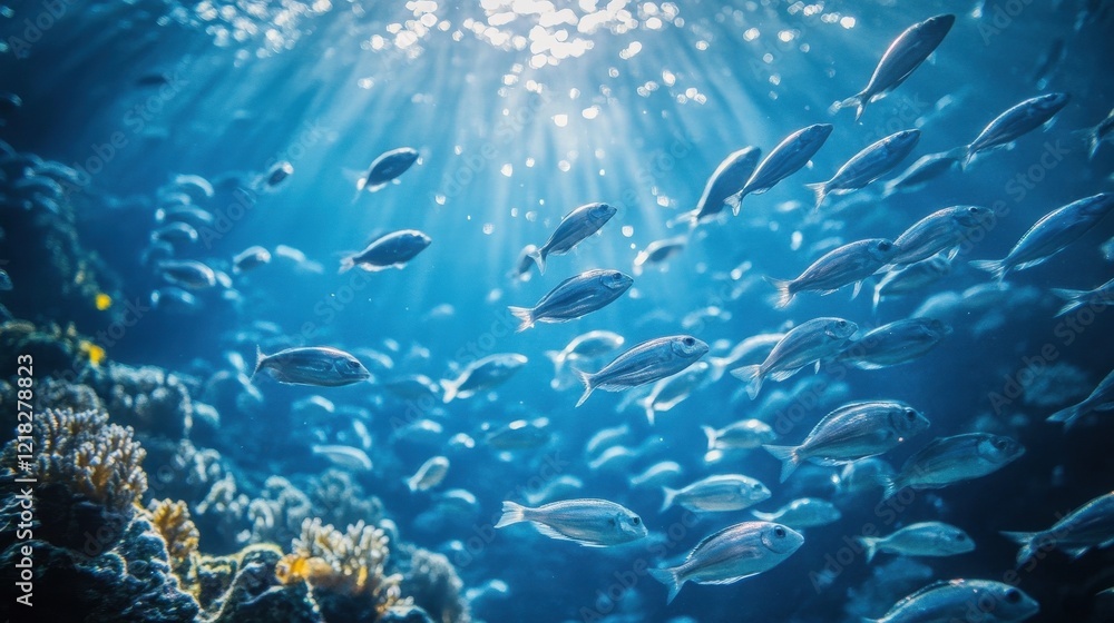 Fototapeta premium Sunlit School of Fish Swimming in Ocean Water