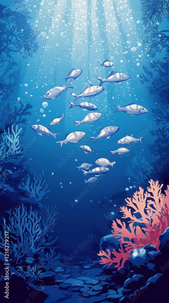 Fototapeta premium Underwater Scene with Fish and Coral Reef
