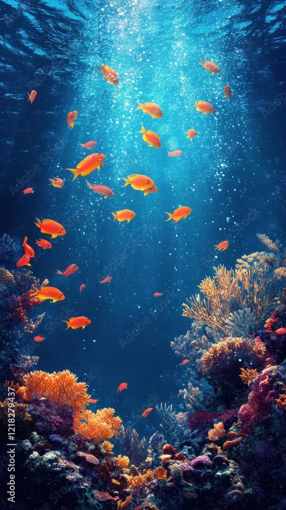 Fototapeta premium Vibrant Coral Reef Scene With Orange Fish Swimming
