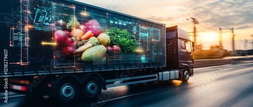 Fruit and vegetable truck showcasing digital technology while speeding on the highway