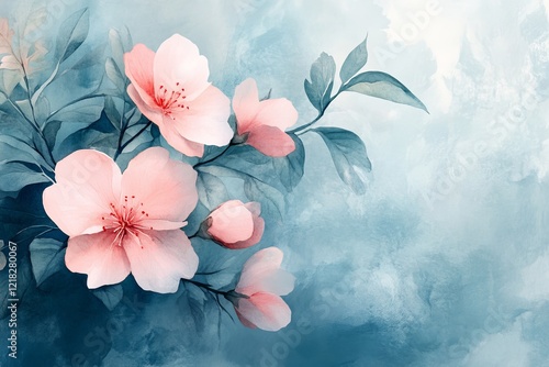 Elegant Watercolor Pink Blossom Flowers Branch on Blue Teal Background Floral Art Print