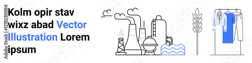 Industrial factory with smoke stacks emitting pollution alongside water body. Adjacent are a wheat stalk, and hanging clothes on a rack. Ideal for eco-consciousness, sustainability, pollution