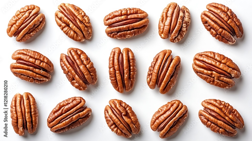 Pecan Perfection: An overhead view of perfectly arranged pecan halves, capturing the intricate textures and natural beauty of this nutritious nut. Pecan Perfection: An overhead view of perfectly arranged pecan halves, capturing the intricate textures and natural beauty of this nutritious nut.