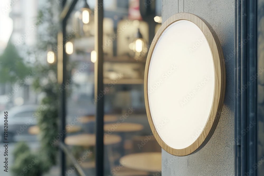 Round Light Sign on Urban Cafe Wall with Soft Lighting Effect Round Light Sign on Urban Cafe Wall with Soft Lighting Effect