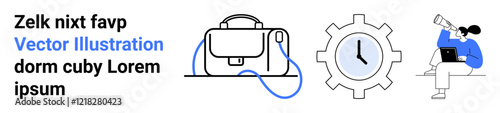 Briefcase with strap, gear with clock, person holding laptop and telescope. Ideal for business presentations, time management, productivity, tech blogs, educational materials, startup pitches