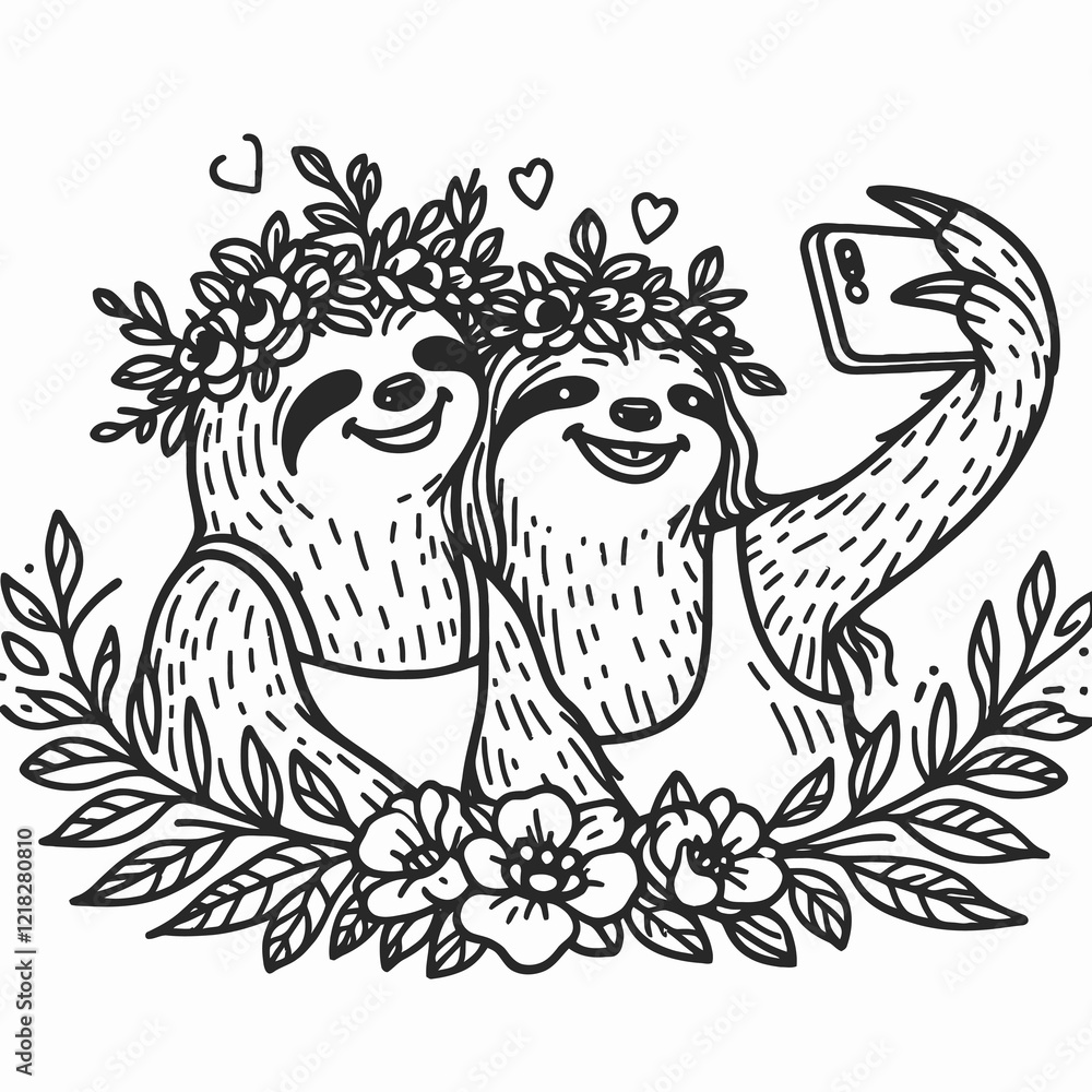 Obraz premium Two cheerful sloths with flower crowns take a selfie among decorative flowers and hearts, embodying a playful, relaxed vibe.