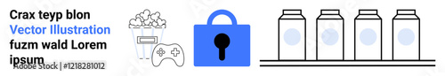 Popcorn and game controller with text on the left. Central blue padlock icon signifies security. Four milk cartons on the right. Ideal for cybersecurity, entertainment, food, tech, gaming, and web