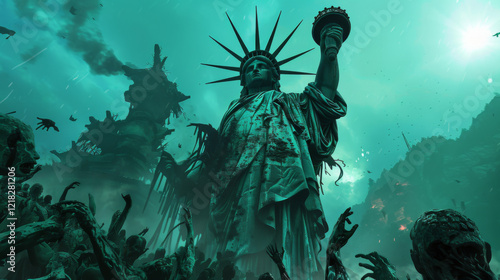 Apocalyptic Statue of Liberty amidst a zombie horde in a dystopian world landscape