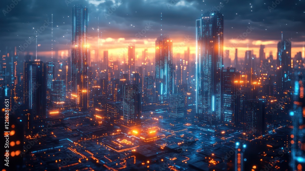 Fototapeta premium Cyberpunk Cityscape: A Futuristic Metropolis at Sunset