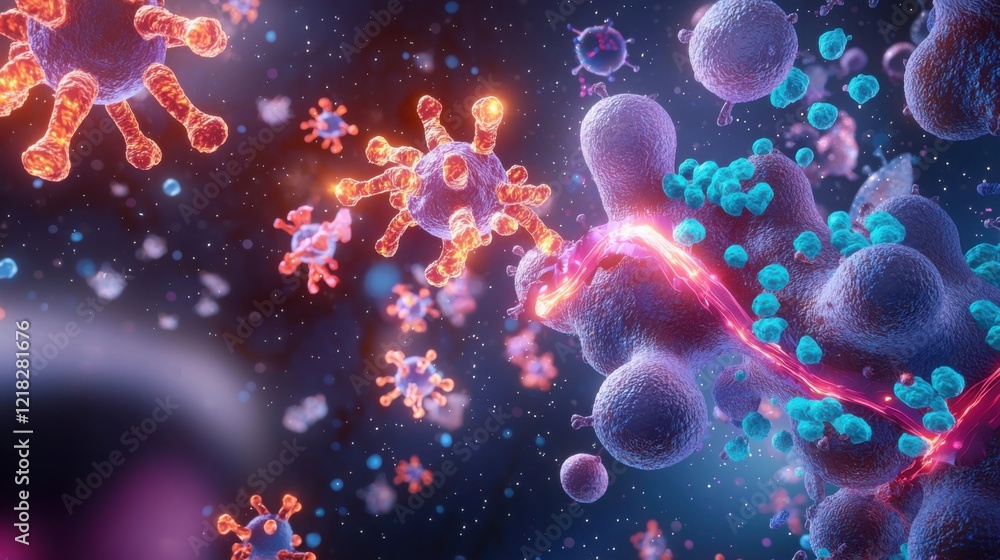 Obraz premium A colorful depiction of microscopic entities, showcasing viruses, cells, and molecular structures in a vibrant, dynamic environment.