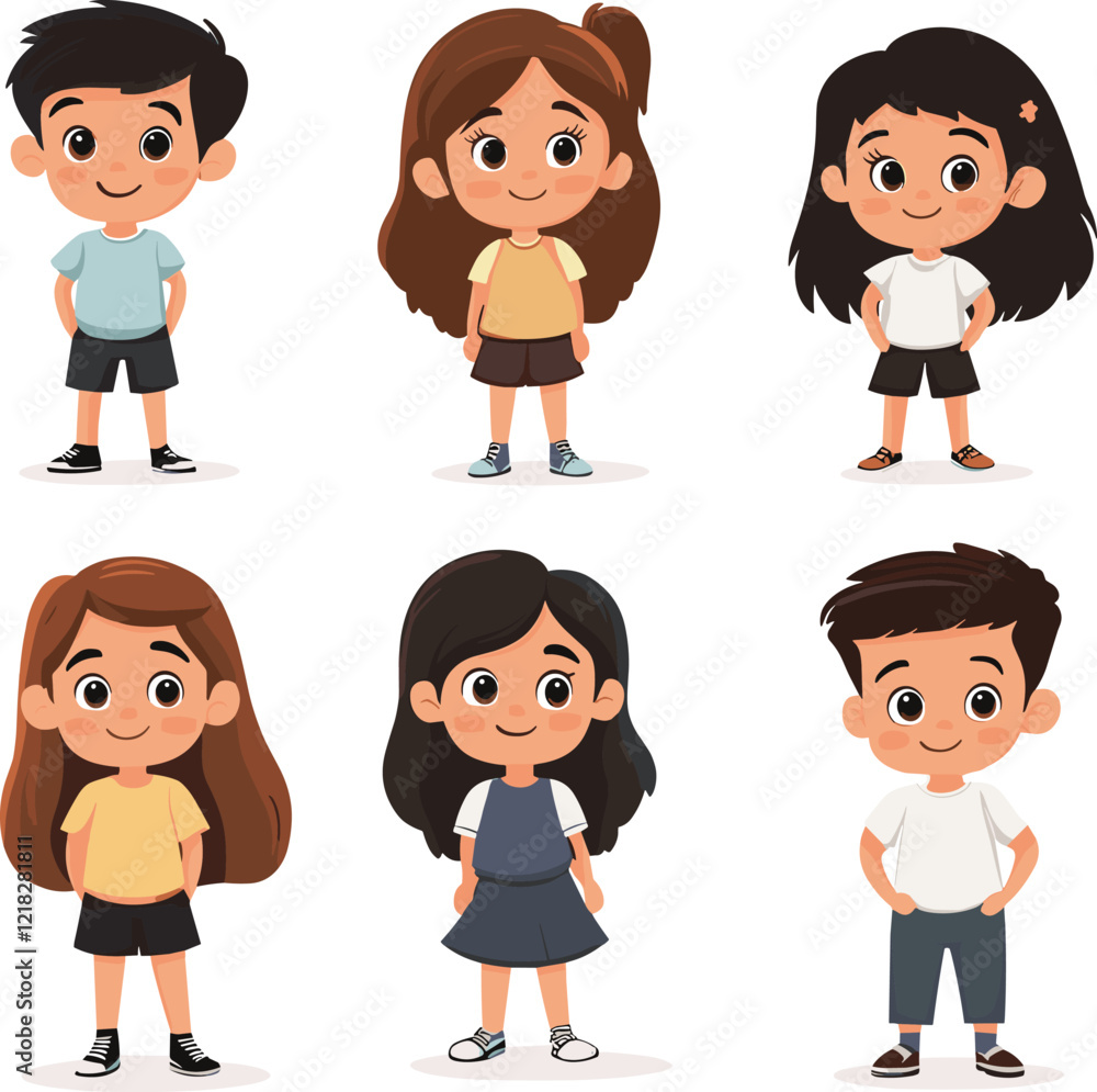 Set of little boy and girl character in different poses isolated on a white background, Flat style cartoon vector illustration Set of little boy and girl character in different poses isolated on a white background, Flat style cartoon vector illustration