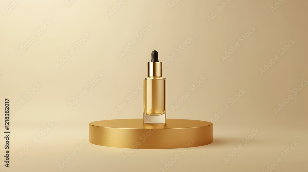 Elegant Glass Dropper Bottle on a Golden Round Stand Against a Soft Neutral Background, Ideal for Beauty and Skincare Product Promotion and Branding Elegant Glass Dropper Bottle on a Golden Round Stand Against a Soft Neutral Background, Ideal for Beauty and Skincare Product Promotion and Branding