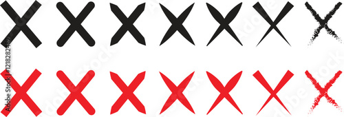 Cross signs icons set in flat styles. Wrong mark symbols. NO button for checkbox voting. Disagree tick box symbols. Cross X signs. Cross brush vectors illustration isolated on transparent background.