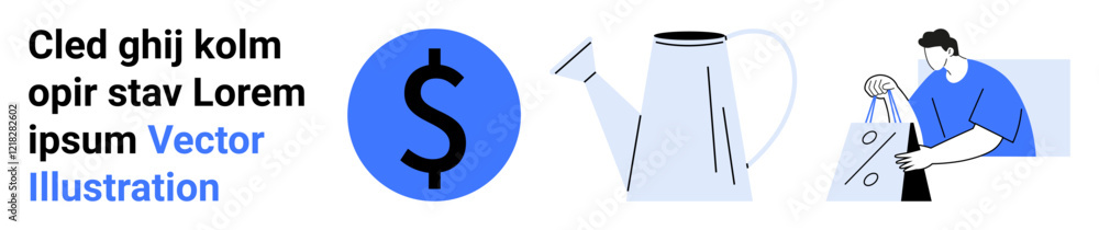 Blue dollar sign beside a watering can and a man planting a small tree. Ideal for finance, investment, gardening, environmental conservation, sustainability, eco-friendly businesses, green Blue dollar sign beside a watering can and a man planting a small tree. Ideal for finance, investment, gardening, environmental conservation, sustainability, eco-friendly businesses, green