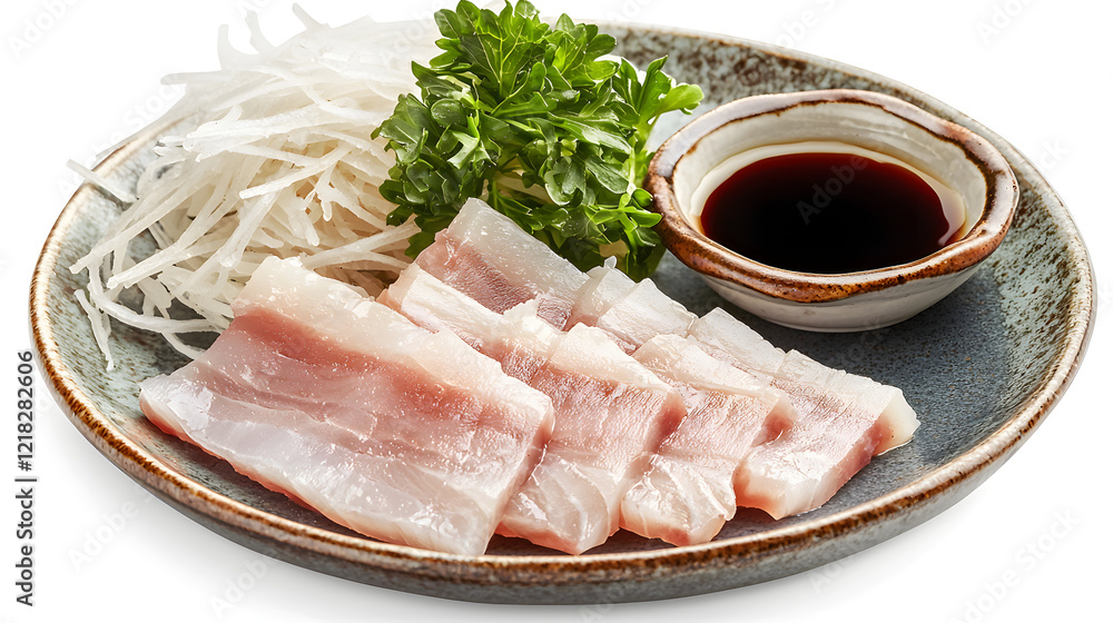 Traditional Presentation of Hamachi Sashimi with Garnishes and Sauce Traditional Presentation of Hamachi Sashimi with Garnishes and Sauce