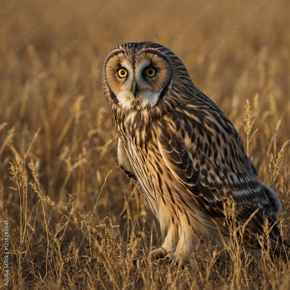 Fototapeta premium A short-eared owl hunting in a golden meadow.