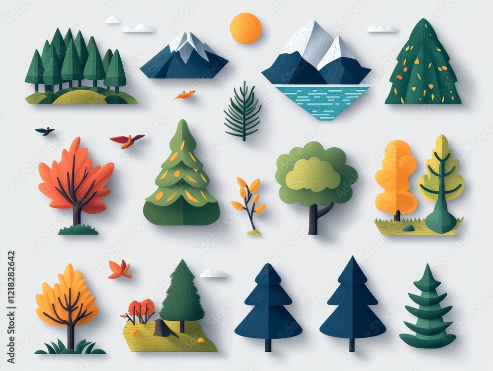 Collection of Autumn and Winter Landscape Elements Paper Cut Style Trees Mountains and Forest Scenes