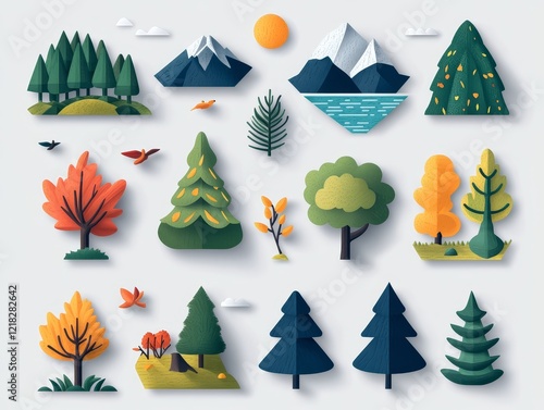 Obraz na płótnie Collection of Autumn and Winter Landscape Elements Paper Cut Style Trees Mountains and Forest Scenes w salonie
