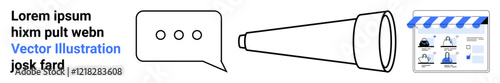 Speech bubble with three dots, long telescope, web page with media icons. Ideal for communication, exploration, media, search, technology online interaction information sharing. Landing page