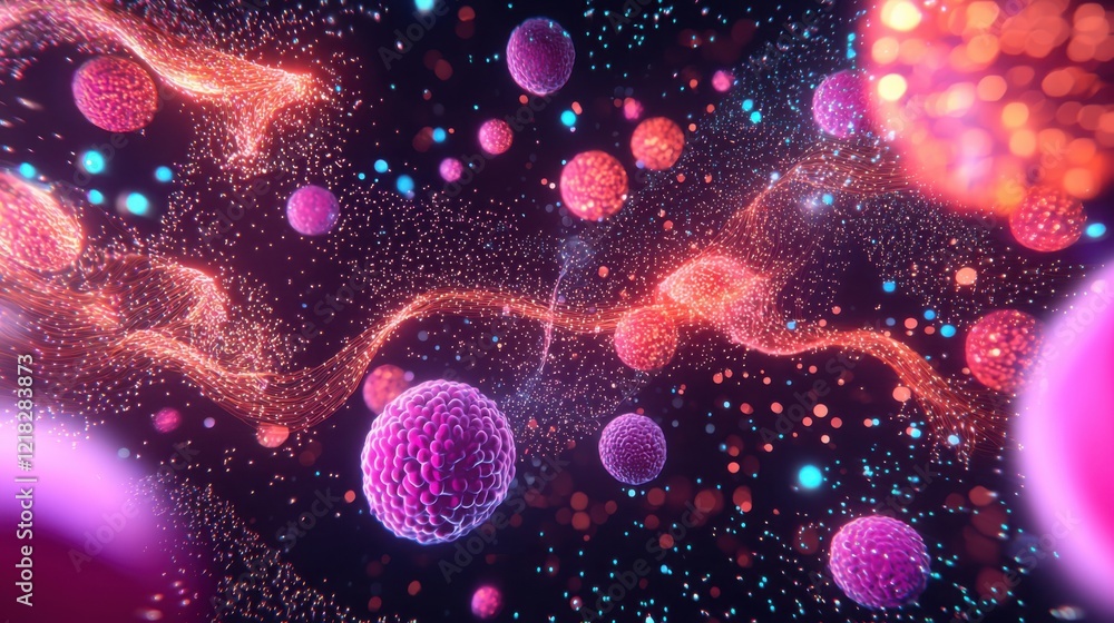 Fototapeta premium A colorful, abstract representation of particles and molecules floating in a cosmic environment, showcasing vibrant colors and dynamic movement.
