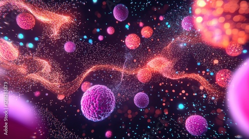 A colorful, abstract representation of particles and molecules floating in a cosmic environment, showcasing vibrant colors and dynamic movement.