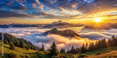 Wallpaper Mural Panoramic view of a serene mountain landscape at dawn with misty clouds and the sun's gentle rays peeking through, highlighting the majestic grandeur of nature , world, mist Torontodigital.ca