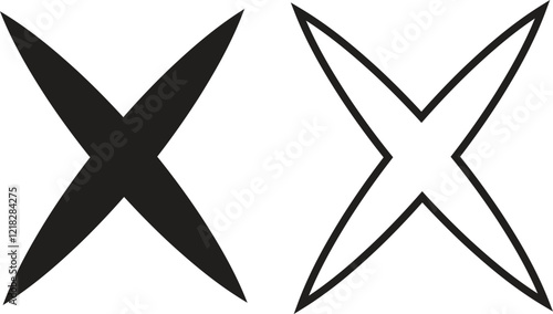 Cross icons set in black flat and outline styles. Wrong mark symbols. NO button for checkbox voting. Disagree tick box symbols. Cross X signs. Cross brush vectors isolated on transparent background.