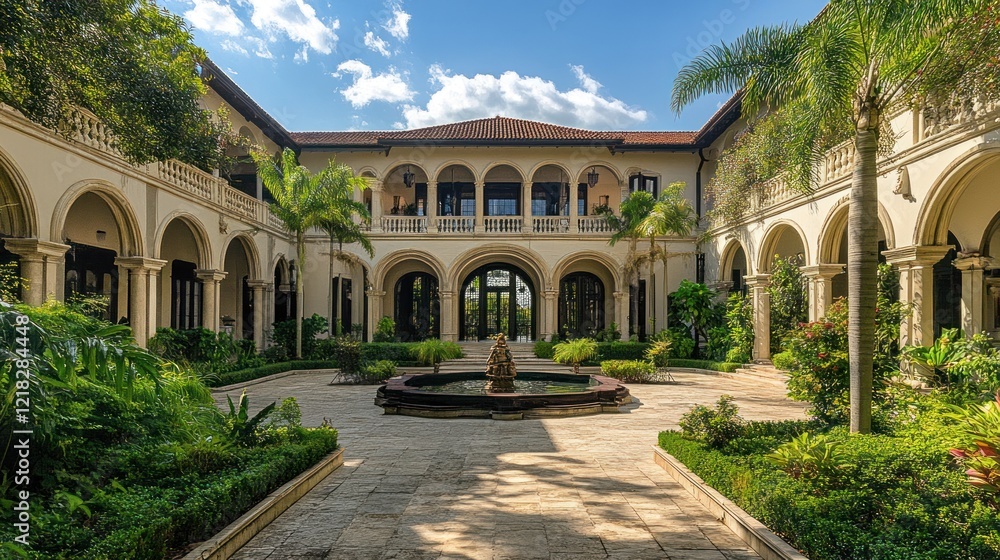 Fototapeta premium Mediterranean Mansion Courtyard: Opulence and Tranquility