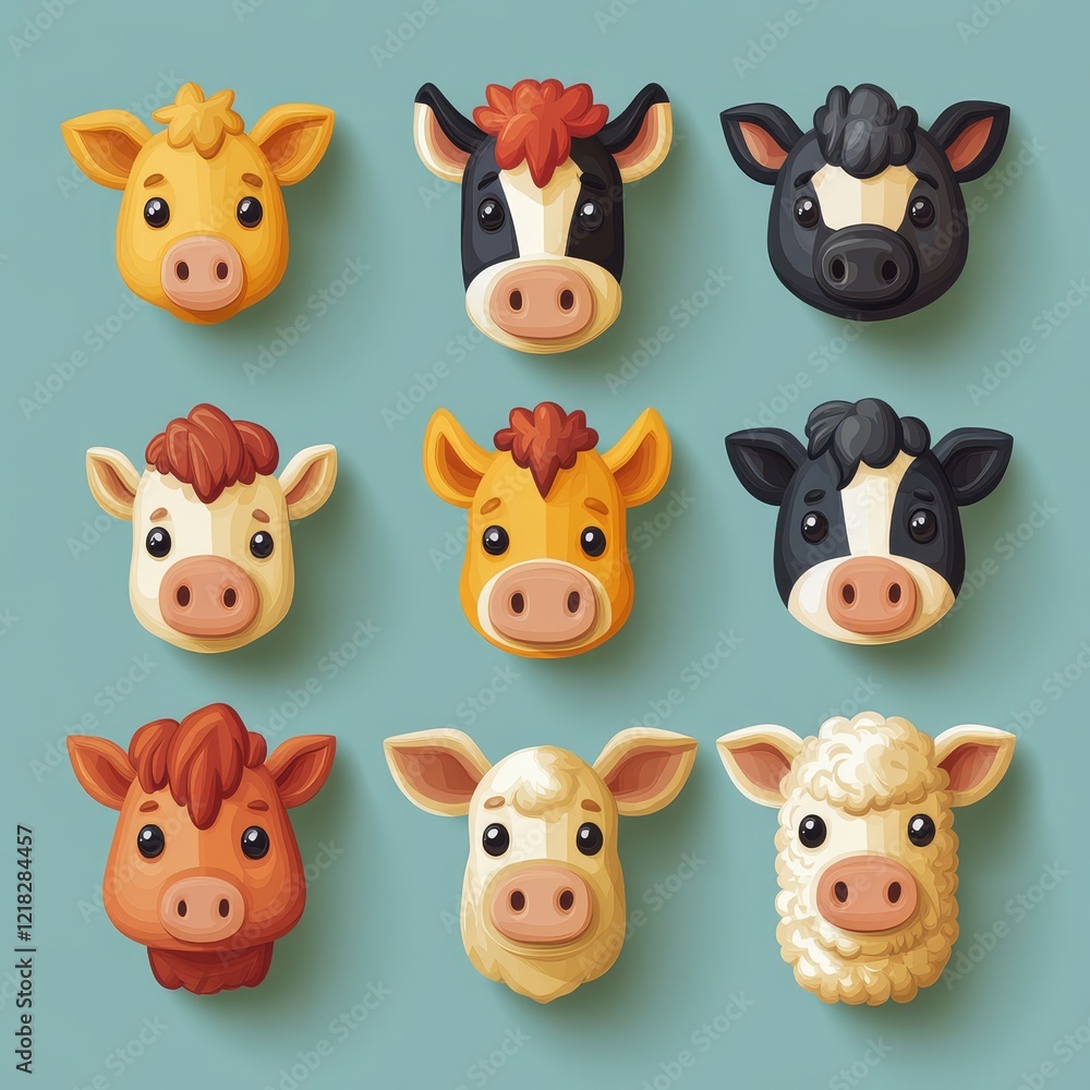 Obraz premium Cute Cartoon Farm Animals Heads Pig Cow Sheep Horse Illustrations