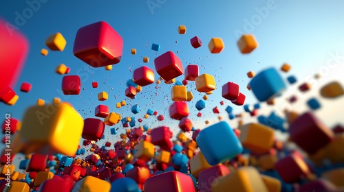 Colorful cubes flying in the sky.