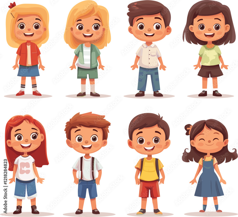 Set of happy kids in different clothes. Cartoon characters, isolated on a white background, Flat style cartoon vector illustration Set of happy kids in different clothes. Cartoon characters, isolated on a white background, Flat style cartoon vector illustration