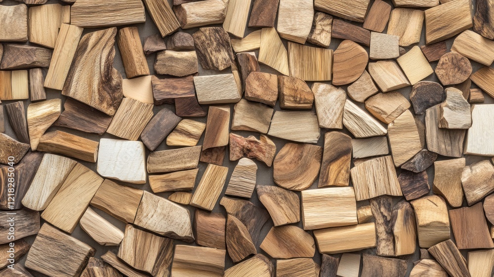 Diverse assortment of small wood pieces, various shapes and colors, forming a textured background. Diverse assortment of small wood pieces, various shapes and colors, forming a textured background.