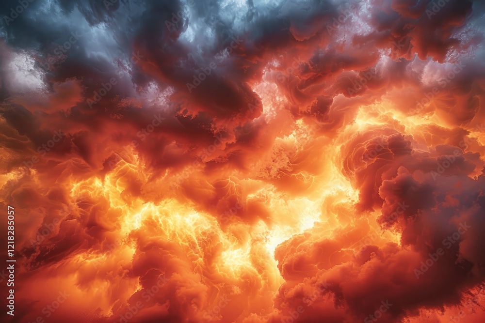Dramatic sky filled with swirling clouds in vibrant orange and deep blue hues during sunset Dramatic sky filled with swirling clouds in vibrant orange and deep blue hues during sunset